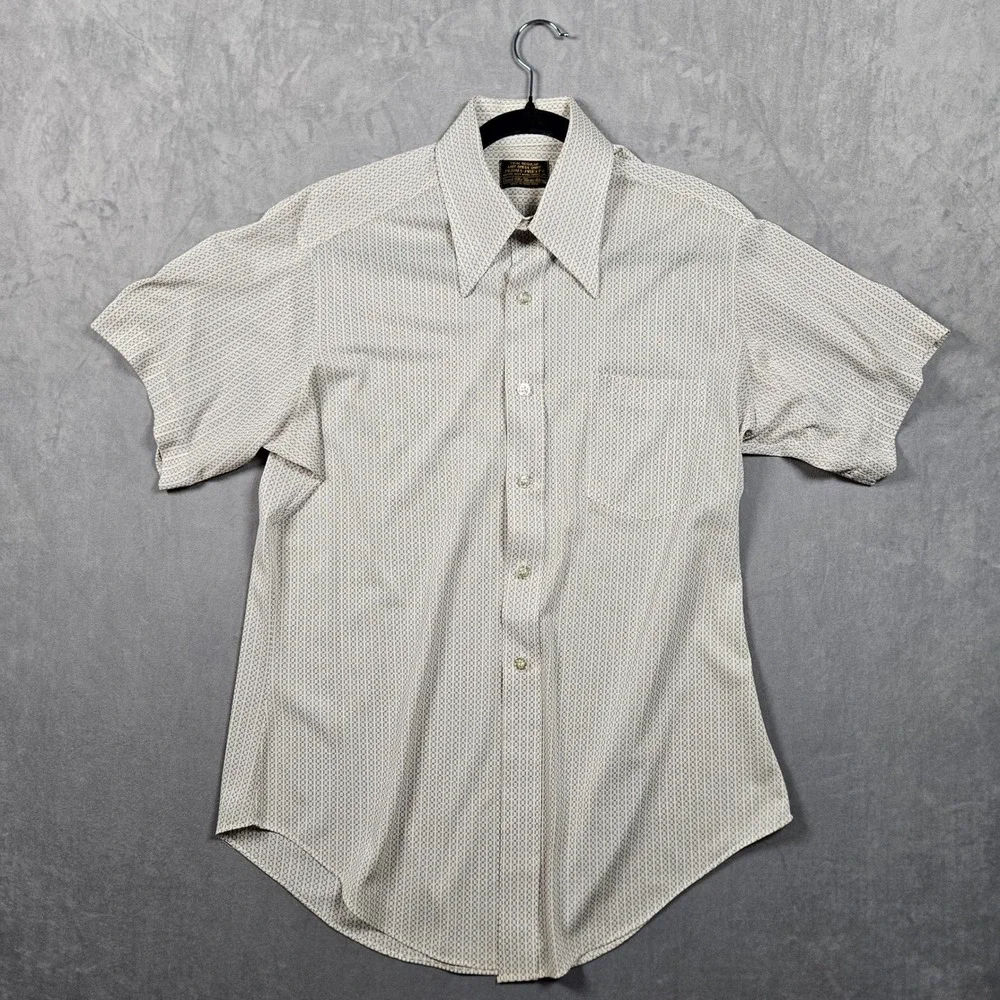 Vintage Sears Knit Dress Shirt Mens L-XL Trim R White Geometric Perma-Prest 70s‎